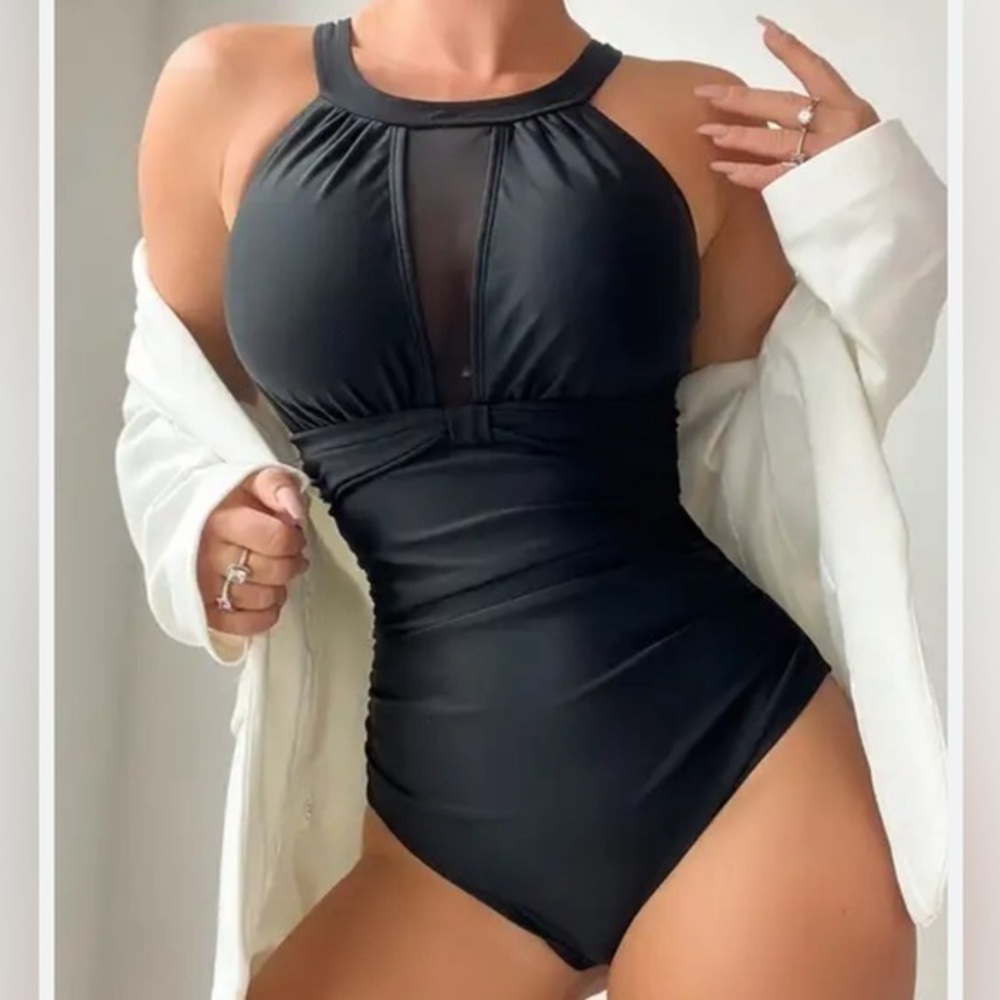 Women’s One Piece Black High Neck Halter Mesh Ruched Swimsuit Size 16W